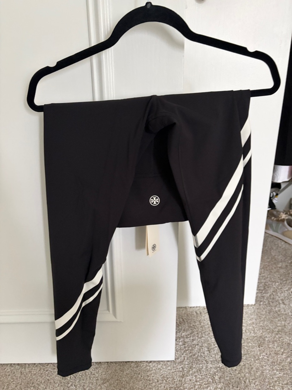 Tory Burch Black Leggings with White Diagonal Stripes